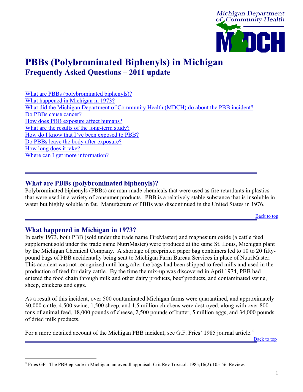 Polybrominated Biphenyls) in Michigan Frequently Asked Questions – 2011 Update