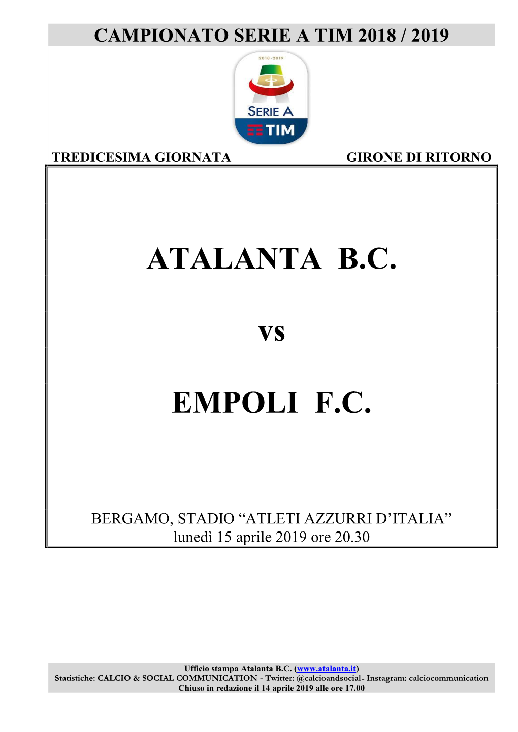 ATALANTA B.C. Vs EMPOLI F.C