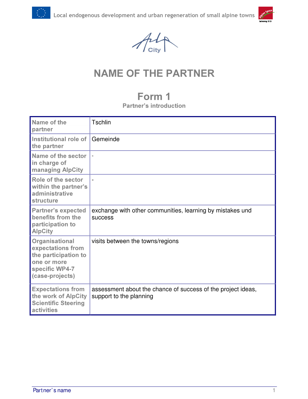 NAME of the PARTNER Form 1