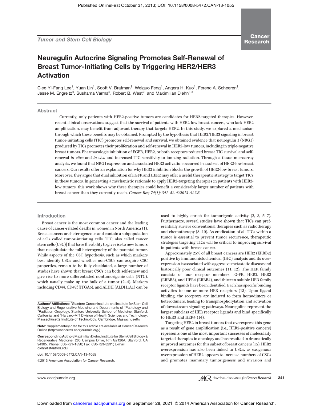 Neuregulin Autocrine Signaling Promotes Self-Renewal of Breast Tumor-Initiating Cells by Triggering HER2/HER3 Activation