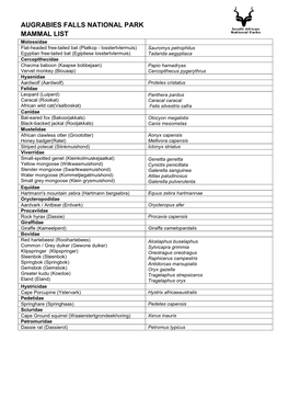 Augrabies Falls National Park Mammal List