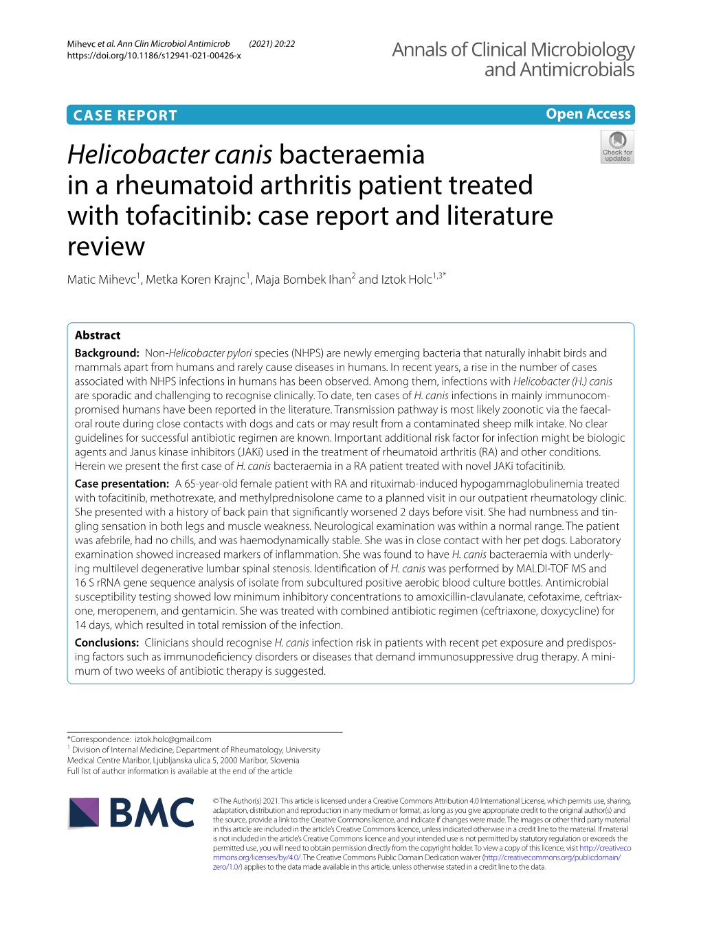 Helicobacter Canis Bacteraemia in a Rheumatoid Arthritis Patient Treated