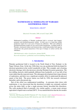 Mathematical Modelling of Wairakei Geothermal Field