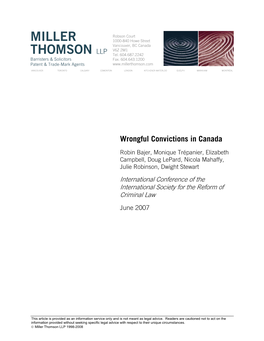 Miller Thomson LLP 1998-2008 WRONGFUL CONVICTIONS in CANADA