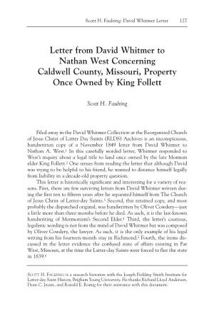Letter from David Whitmer to Nathan West Concerning Caldwell County, Missouri, Property Once Owned by King Follett