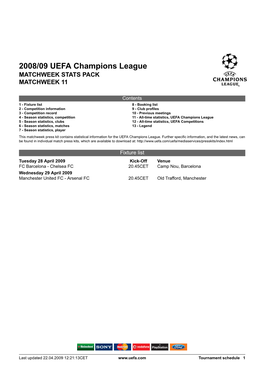 2008/09 UEFA Champions League MATCHWEEK STATS PACK MATCHWEEK 11