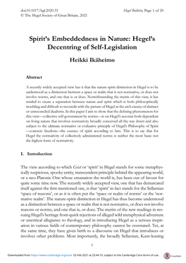 Spirit's Embeddedness in Nature: Hegel's Decentring of Self-Legislation