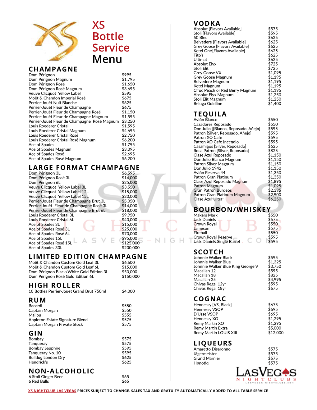 XS Bottle Service Menu Prices for Champagne & Liquor