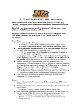 RIT INTRAMURAL ICE HOCKEY RULES (Revised 4/6/16)
