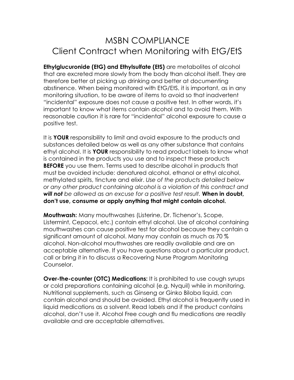 MSBN COMPLIANCE Client Contract When Monitoring with Etg/Ets