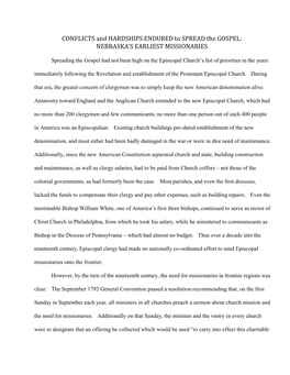 CONFLICTS and HARDSHIPS ENDURED to SPREAD the GOSPEL: NEBRASKA's EARLIEST MISSIONARIES