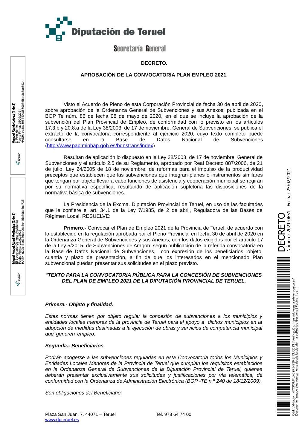 DECRETO 2021-0651 Aprobación De La Convocatoria Plan Empleo 2021