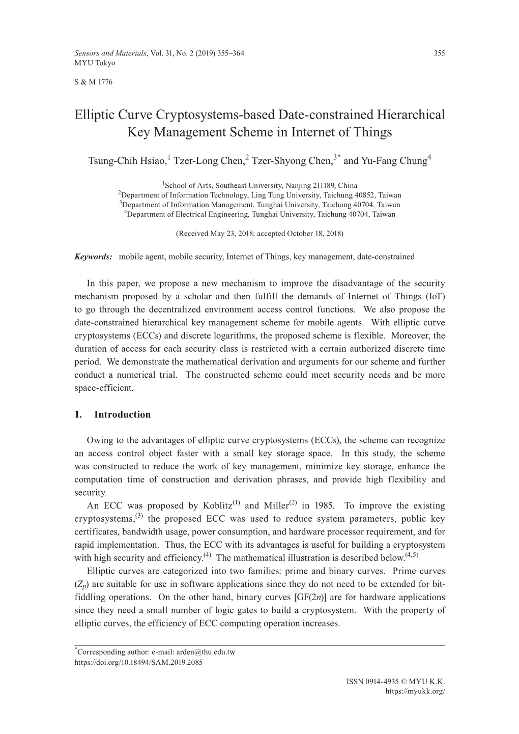 Elliptic Curve Cryptosystems-Based Date-Constrained Hierarchical Key Management Scheme in Internet of Things