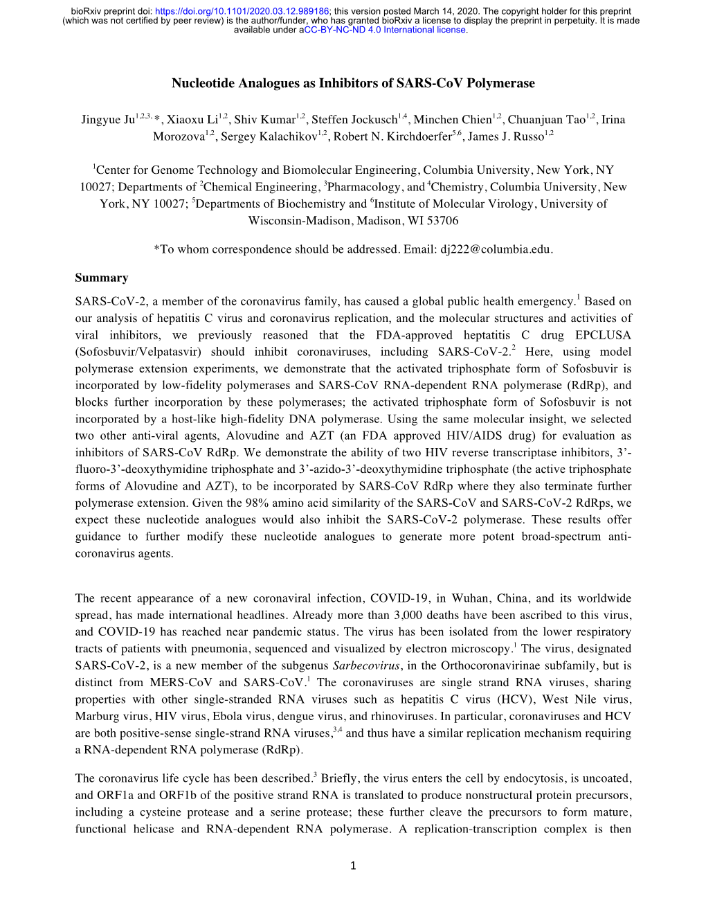 Nucleotide Analogues As Inhibitors of SARS-Cov Polymerase