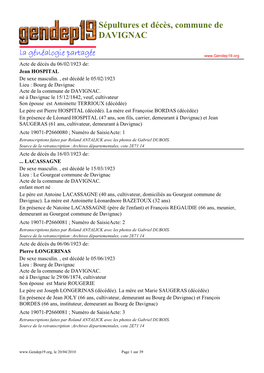 Sépultures Et Décès, Commune De DAVIGNAC