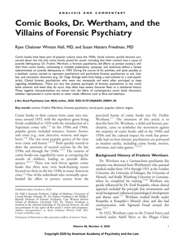 Comic Books, Dr. Wertham, and the Villains of Forensic Psychiatry