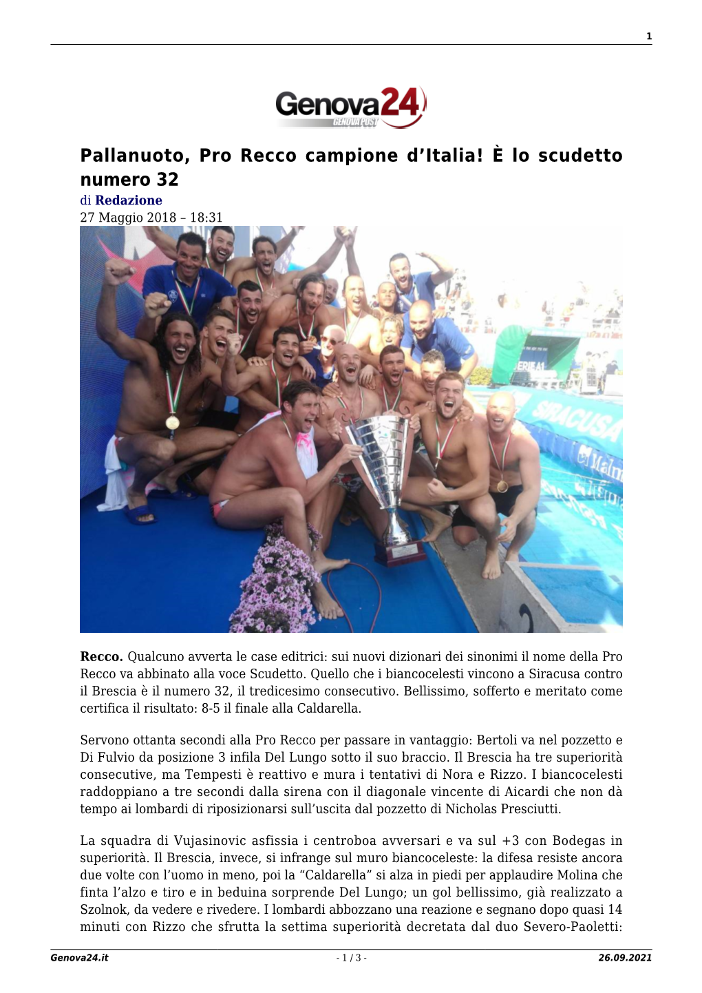 Pallanuoto, Pro Recco Campione D'italia!