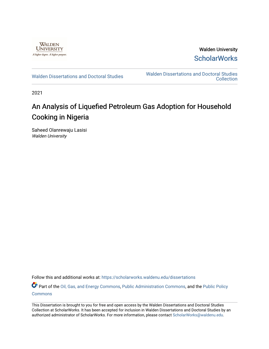 An Analysis of Liquefied Petroleum Gas Adoption for Household Cooking in Nigeria