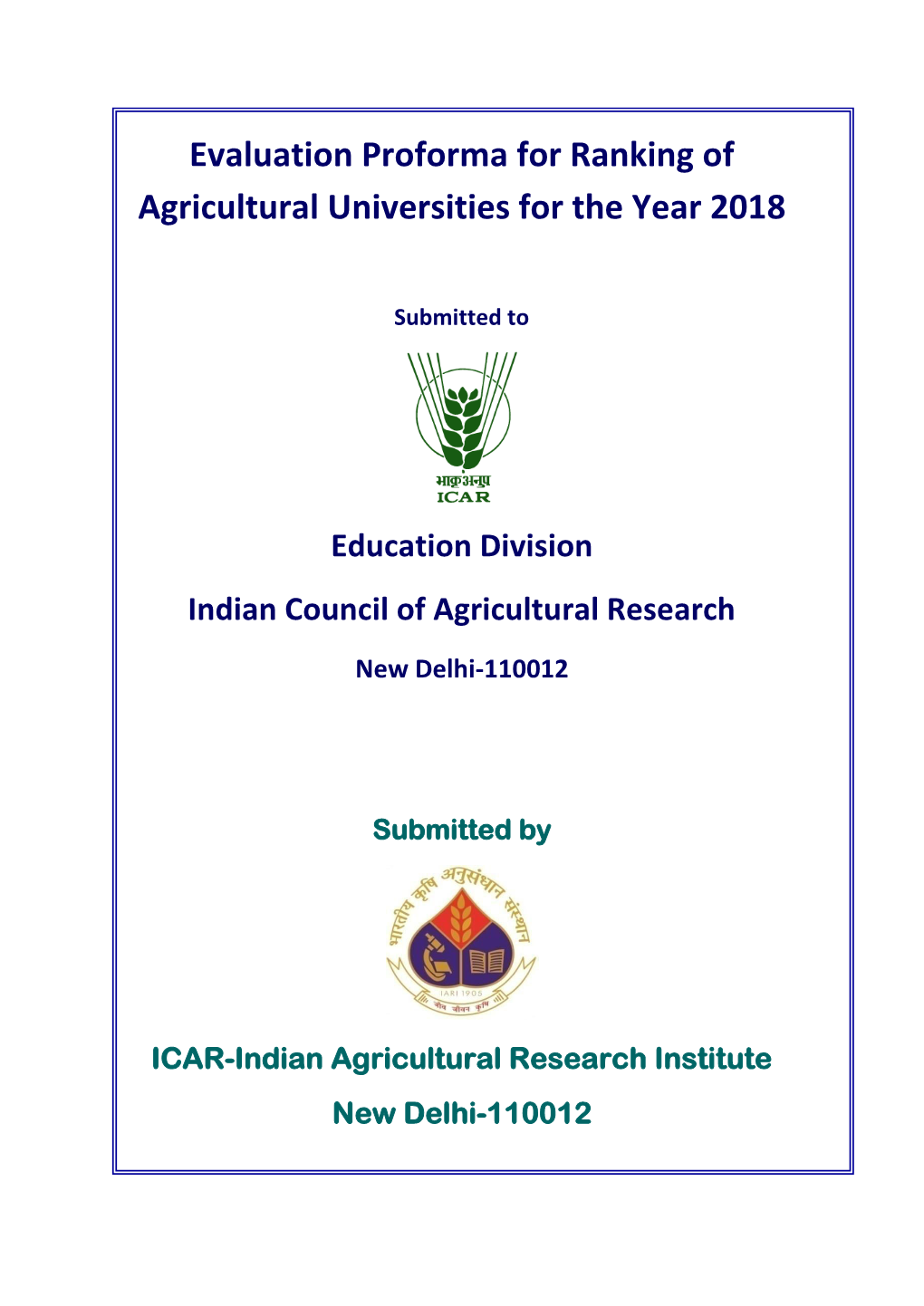 Evaluation Proforma for Ranking of Agricultural Universities for the Year 2018