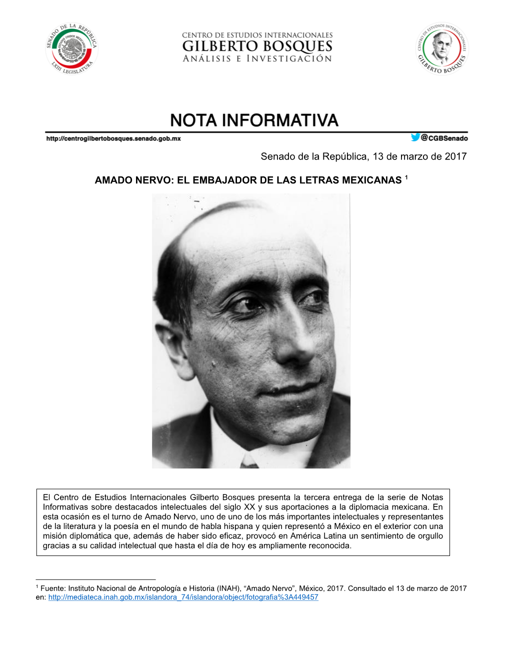 Senado De La República, 13 De Marzo De 2017 AMADO NERVO: EL EMBAJADOR DE LAS LETRAS MEXICANAS 1