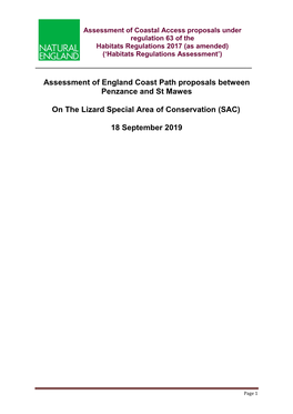 Assessment of England Coast Path Proposals Between Penzance and St Mawes on the Lizard Special Area of Conservation (SAC) 18