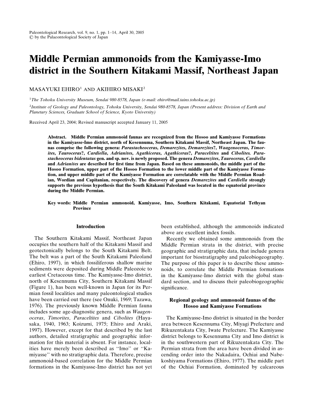 Middle Permian Ammonoids from the Kamiyasse-Imo District in the Southern Kitakami Massif, Northeast Japan