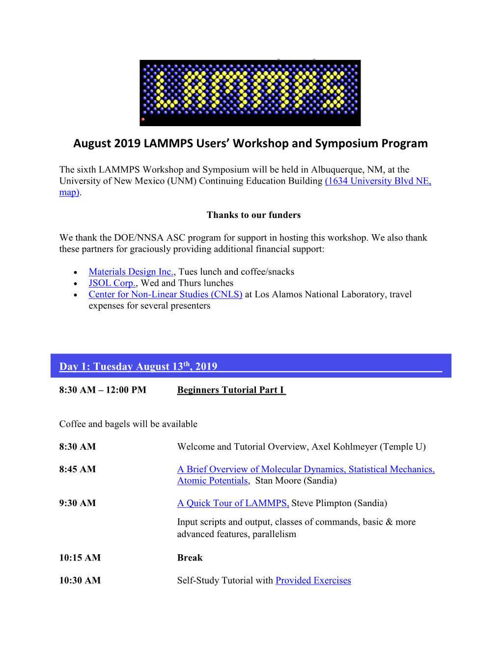 August 2019 LAMMPS Users' Workshop and Symposium Program