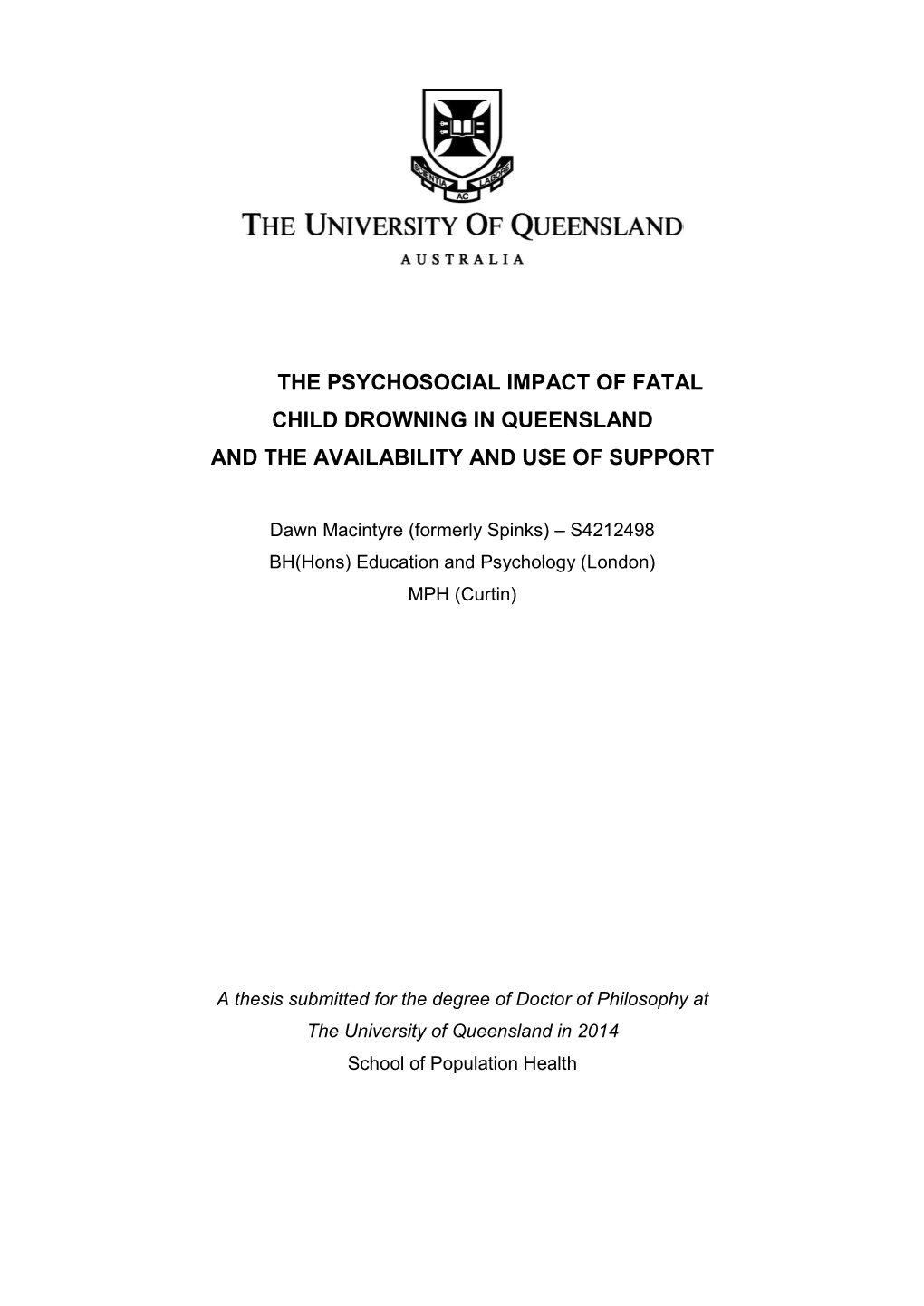 The Psychosocial Impact of Fatal Child Drowning in Queensland and the Availability and Use of Support