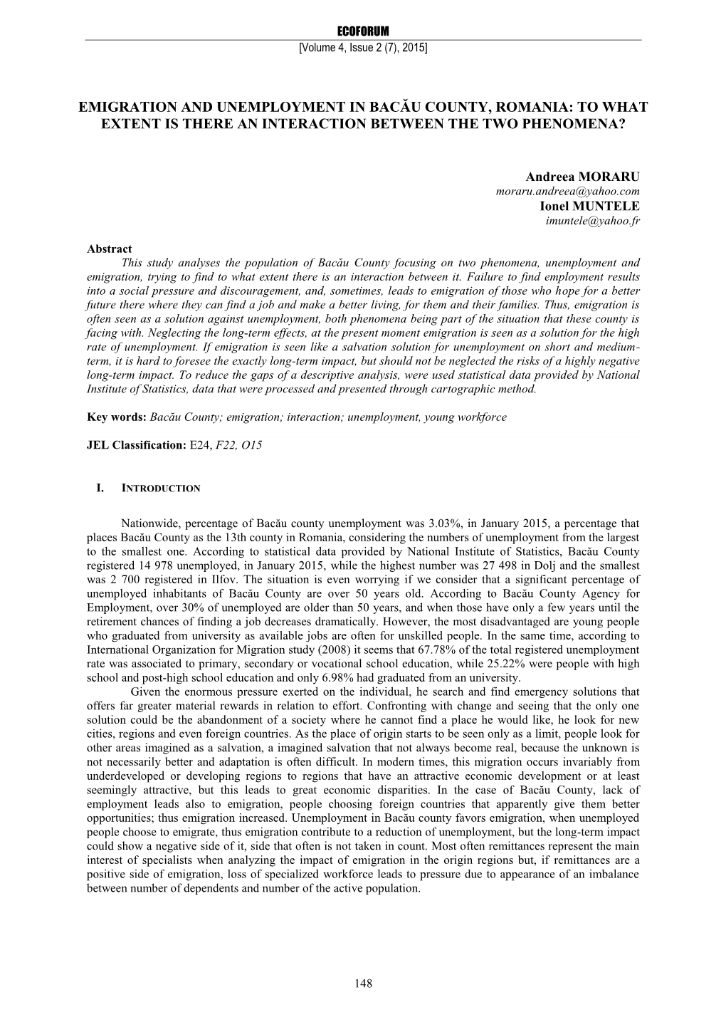 Emigration and Unemployment in Bacău County, Romania: to What Extent Is There an Interaction Between the Two Phenomena?