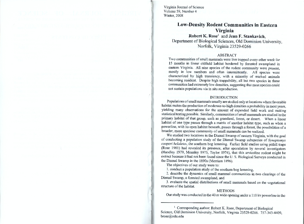 Low-Density Rodent Communities in Eastern Virginia Robert K