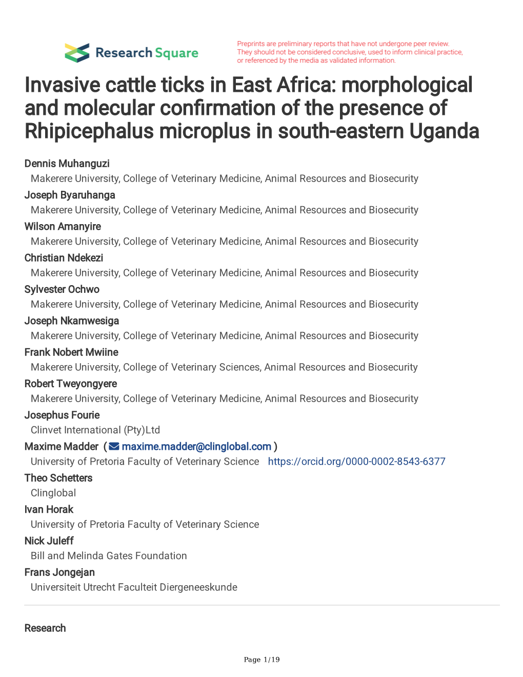 Invasive Cattle Ticks in East Africa: Morphological and Molecular Confrmation of the Presence of Rhipicephalus Microplus in South-Eastern Uganda