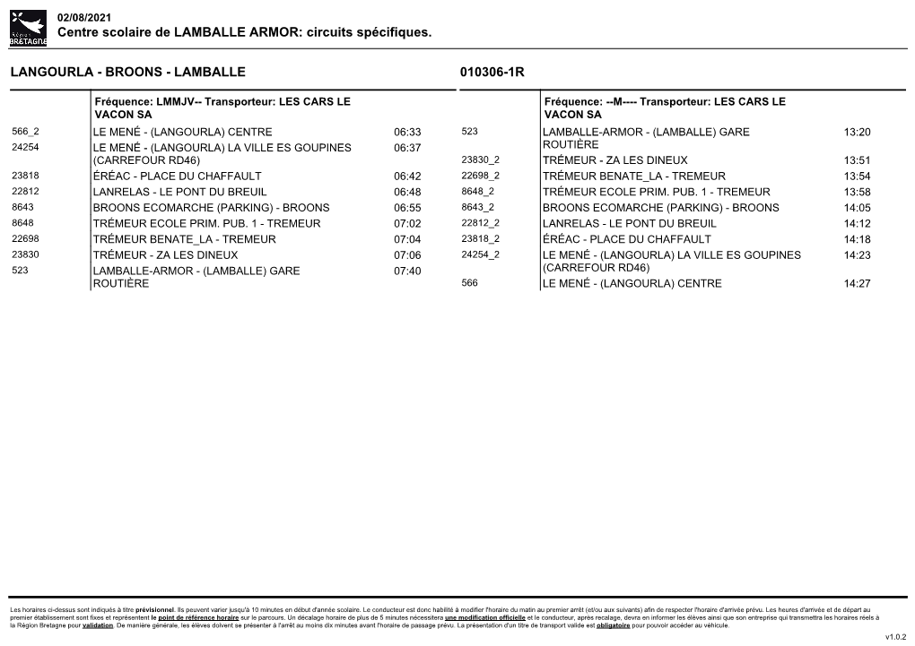 Centre Scolaire De LAMBALLE ARMOR: Circuits Spécifiques. LANGOURLA