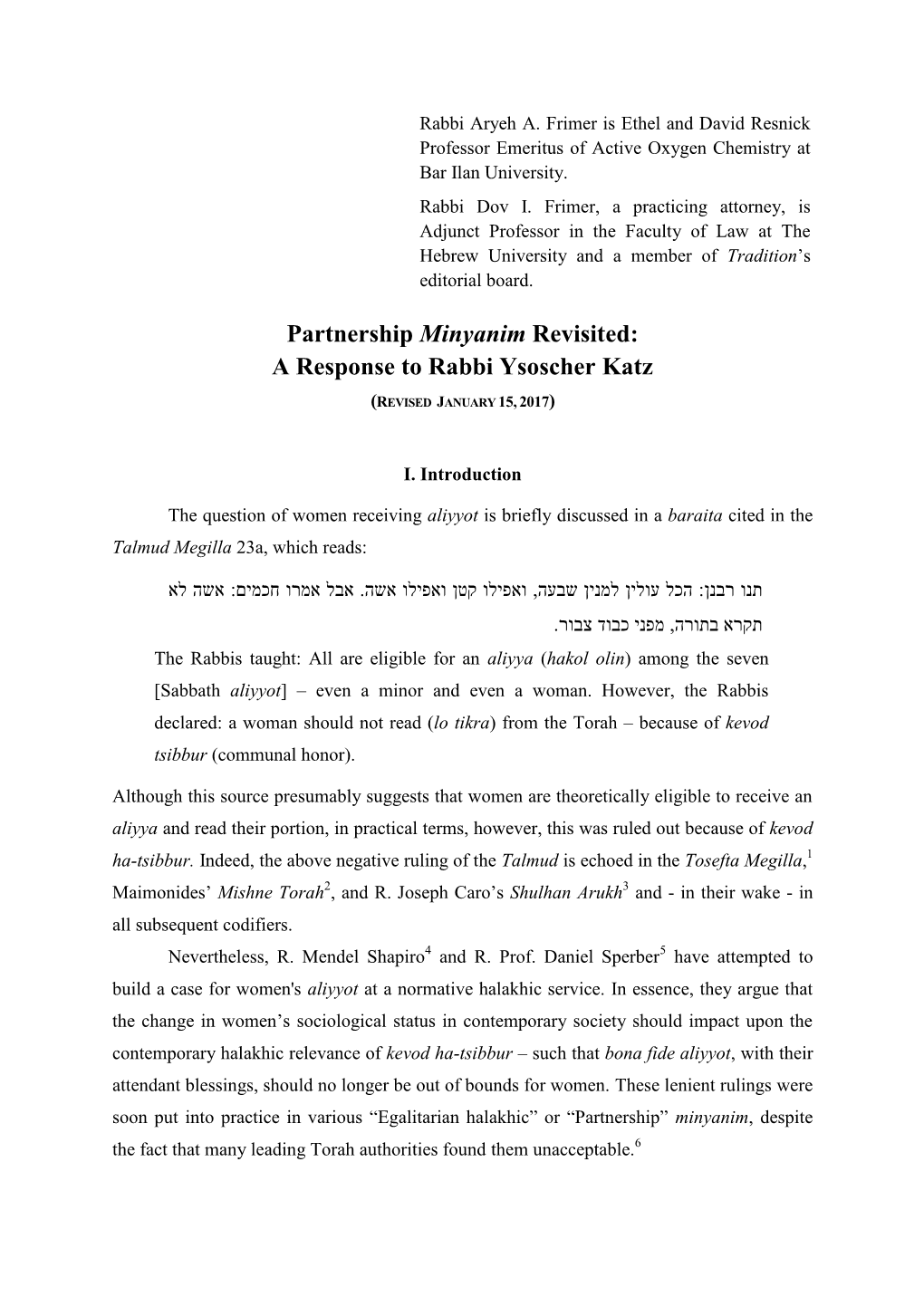 Partnership Minyanim Revisited: a Response to Rabbi Ysoscher Katz