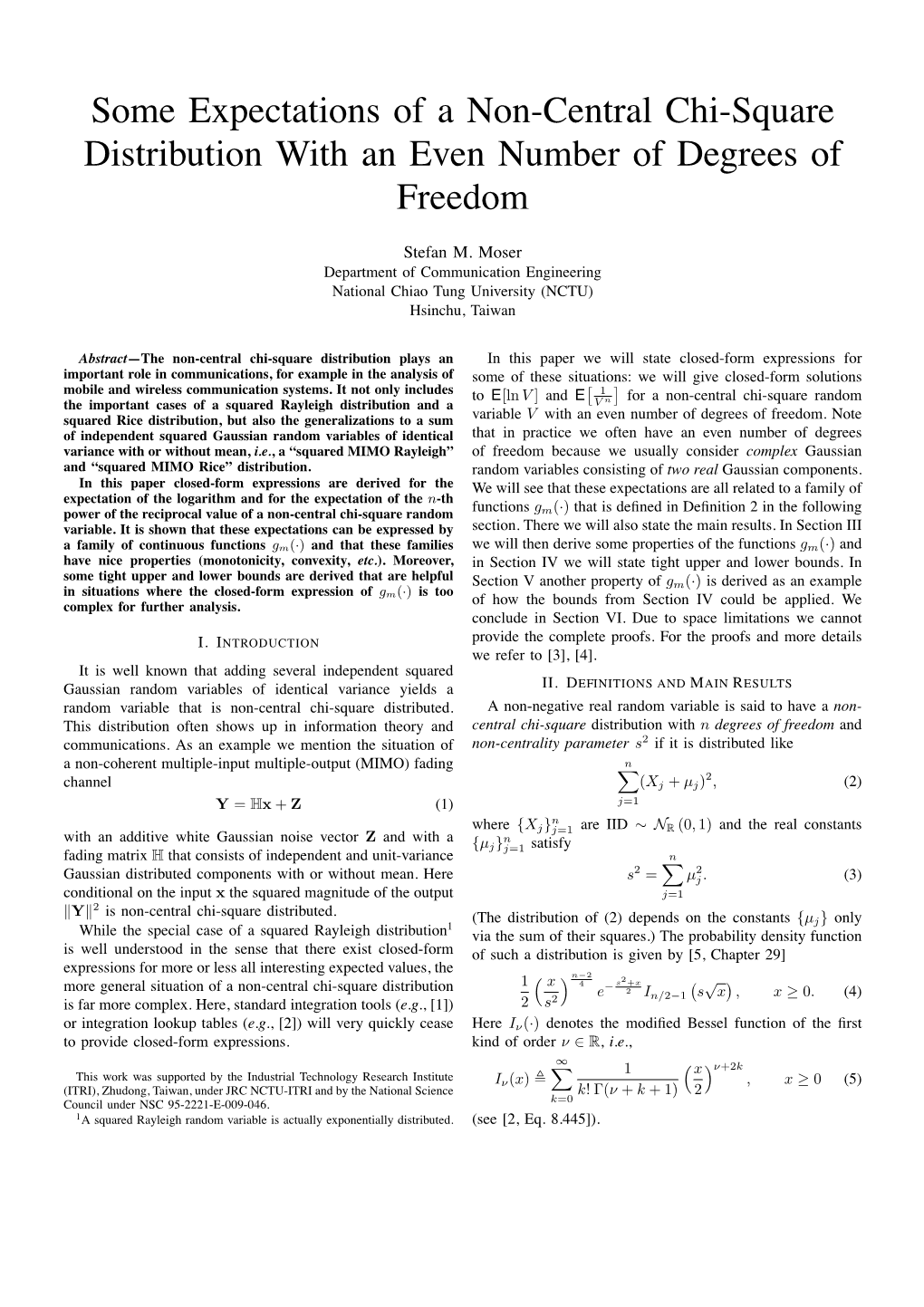 Some Expectations of a Non-Central Chi-Square Distribution with an Even Number of Degrees of Freedom