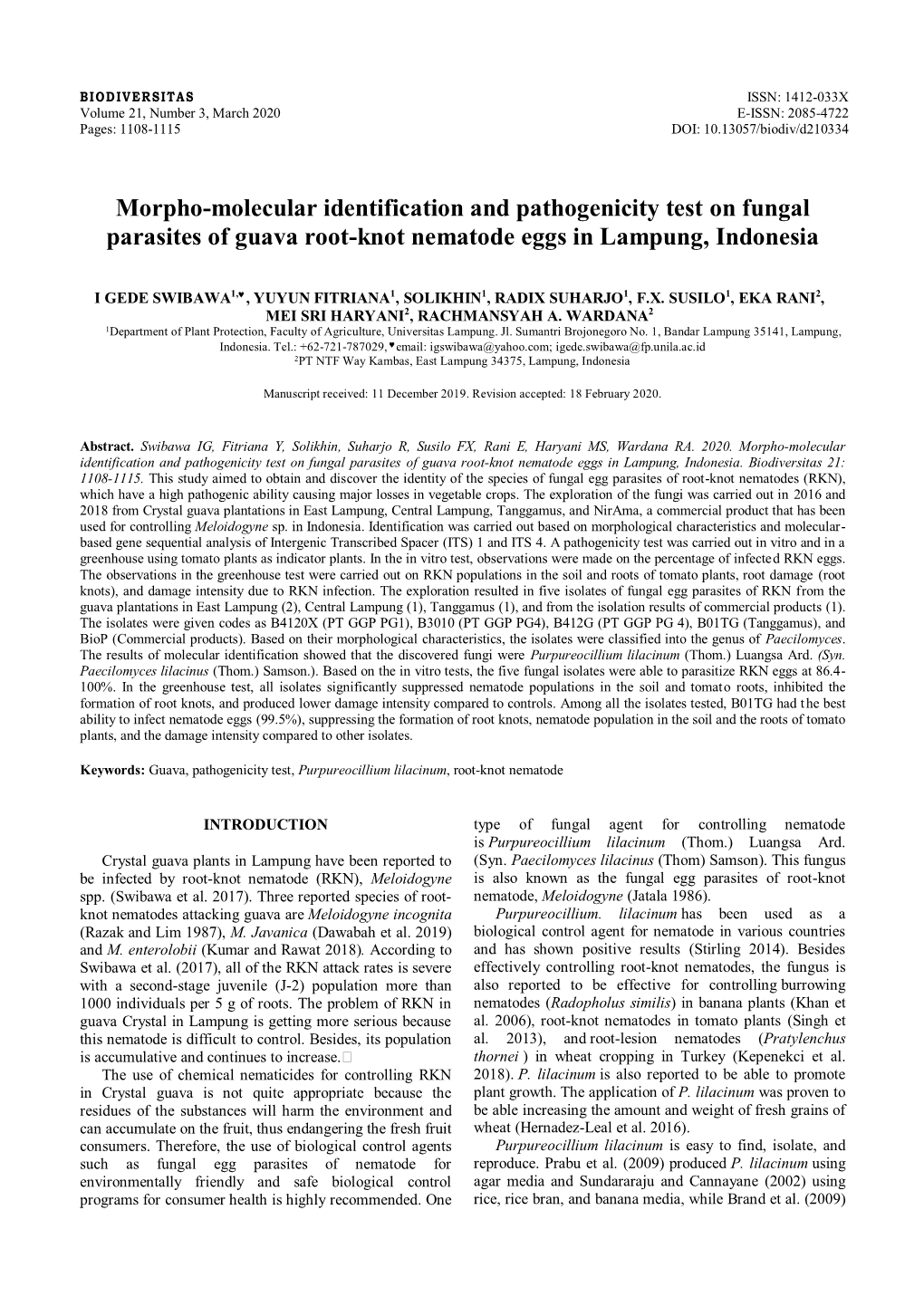 Morpho-Molecular Identification and Pathogenicity Test on Fungal Parasites of Guava Root-Knot Nematode Eggs in Lampung, Indonesia