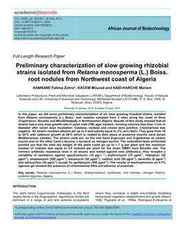 Preliminary Characterization of Slow Growing Rhizobial Strains Isolated from Retama Monosperma (L.) Boiss. Root Nodules from Northwest Coast of Algeria