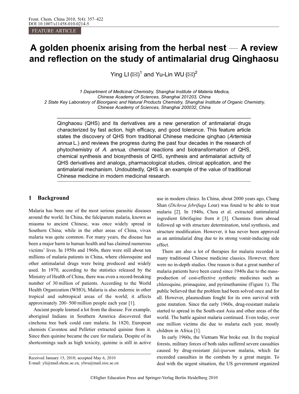 A Golden Phoenix Arising from the Herbal Nest — a Review and Reflection on the Study of Antimalarial Drug Qinghaosu