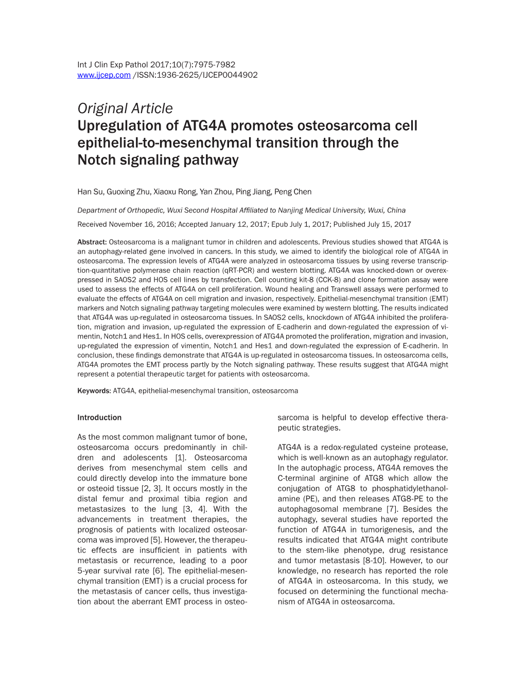 Original Article Upregulation of ATG4A Promotes Osteosarcoma Cell Epithelial-To-Mesenchymal Transition Through the Notch Signaling Pathway
