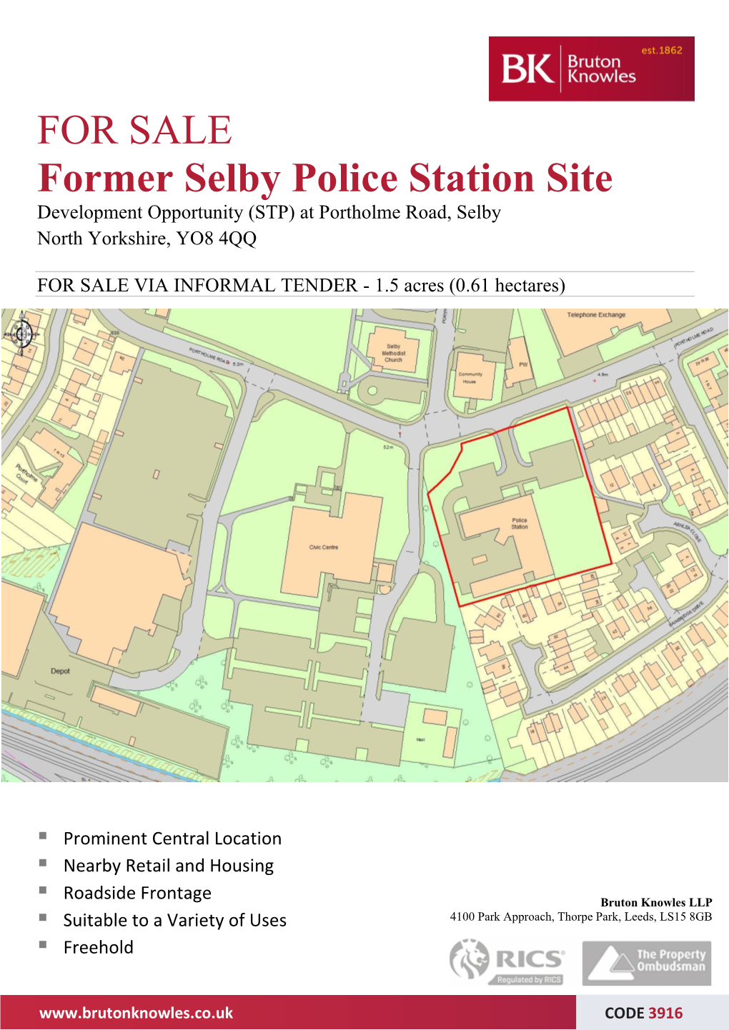 FOR SALE Former Selby Police Station Site Development Opportunity (STP) at Portholme Road, Selby North Yorkshire, YO8 4QQ