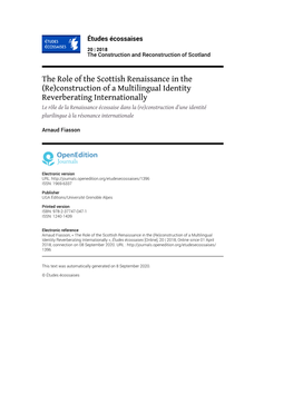 Études Écossaises, 20 | 2018 the Role of the Scottish Renaissance in the (Re)Construction of a Multilingua