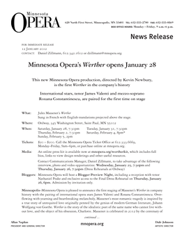 News Release Minnesota Opera's Werther Opens January 28