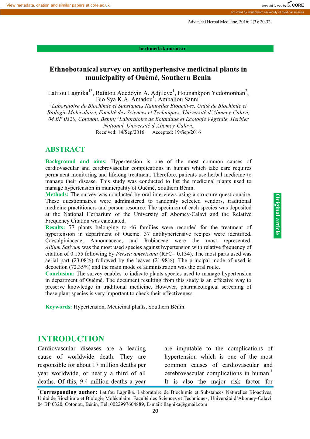 INTRODUCTION Cardiovascular Diseases Are a Leading Are Imputable to the Complications of Cause of Worldwide Death