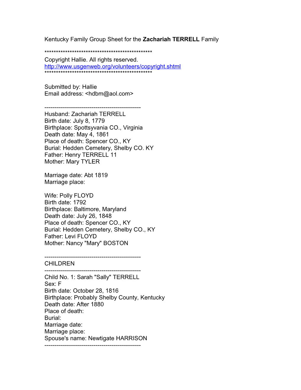 Kentucky Family Group Sheet for the Zachariah TERRELL Family