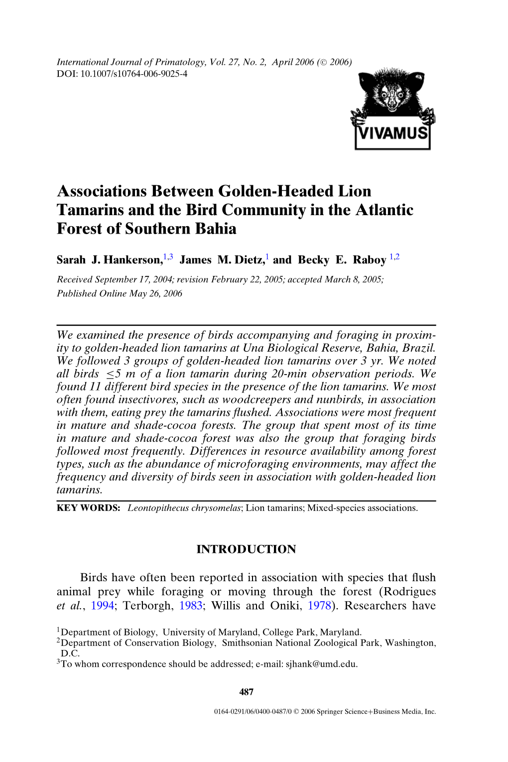 Associations Between Golden-Headed Lion Tamarins and the Bird Community in the Atlantic Forest of Southern Bahia