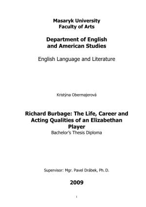 The Life, Career and Acting Qualities of an Elizabethan Player Bachelor’S Thesis Diploma