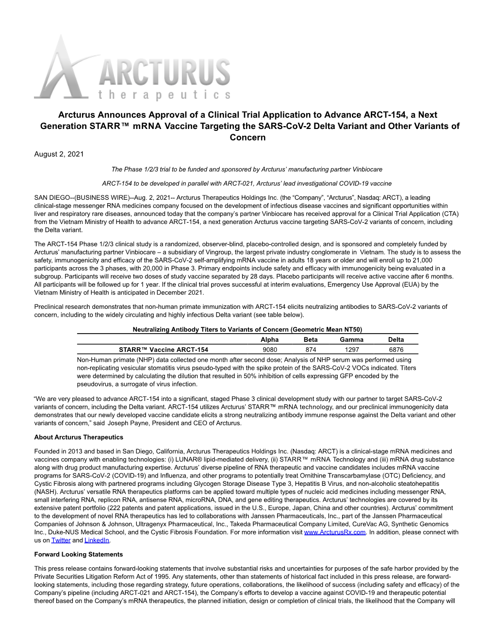 Arcturus Announces Approval of a Clinical Trial Application To