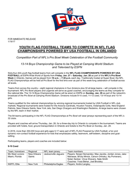 Youth Flag Football Teams to Compete in Nfl Flag Championships Powered by Usa Football in Orlando