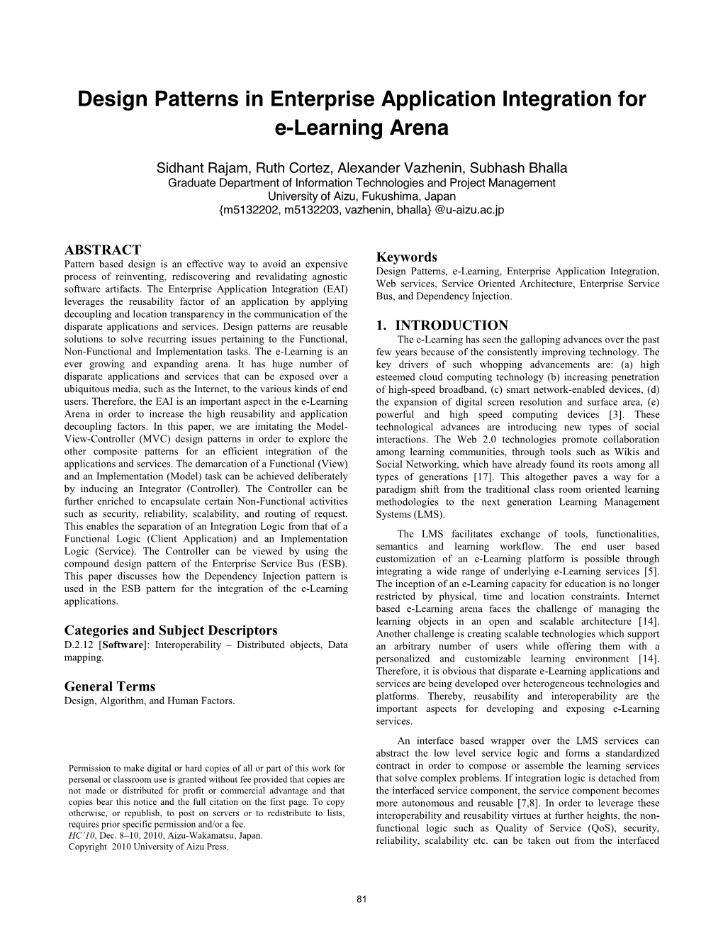 Design Patterns in Enterprise Application Integration for E-Learning Arena