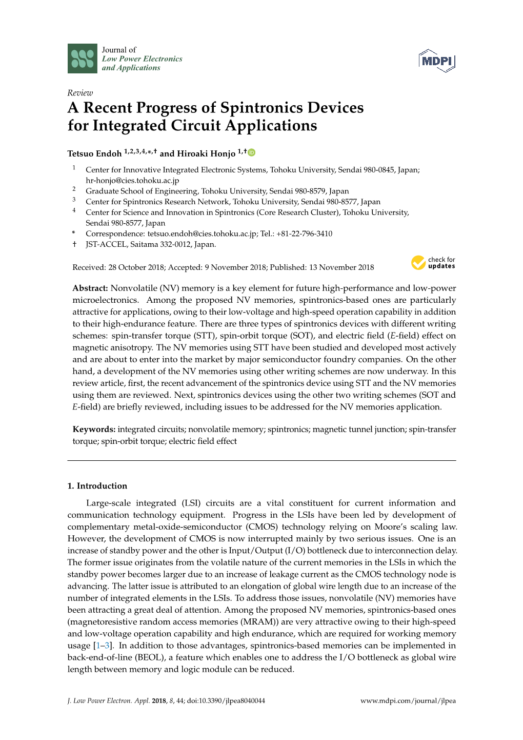 A Recent Progress of Spintronics Devices for Integrated Circuit Applications