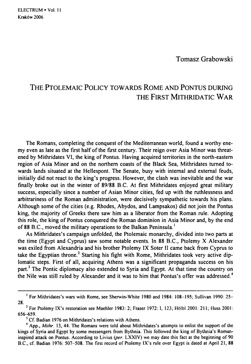 The Ptolemaic Policy Towards Rome and Pontus During the First Mithridatic War